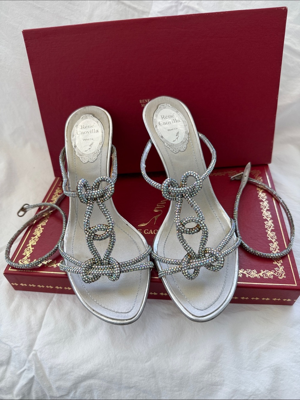 Vintage Rene Caovilla Silver Crystal Knot Strap Heels - Picture 2 of 5